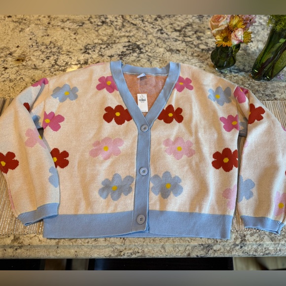 NEW Girl’s Cotton Button Front Cardigan Sweater In White Retro Floral -XXL - Picture 1 of 9